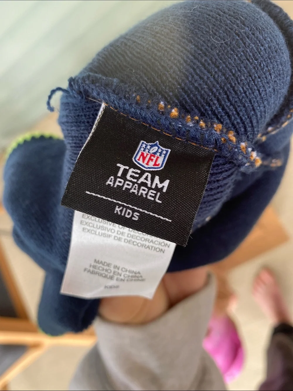 Kids Seahawks Pom Beanie - Navy, Brown, Lime
